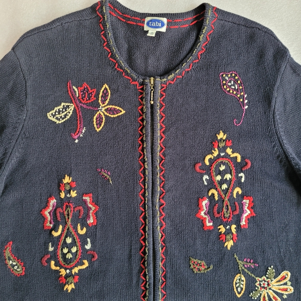 90s Boho Floral Embroidered Cardigan Navy Blue XL 12-14 - Picture 2 of 16